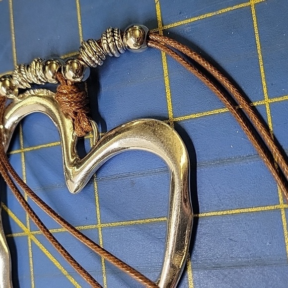 Beaded Accent Silver 3.5" Heart Brown Pleather 20" x 2" Extension Necklace - Picture 3 of 3